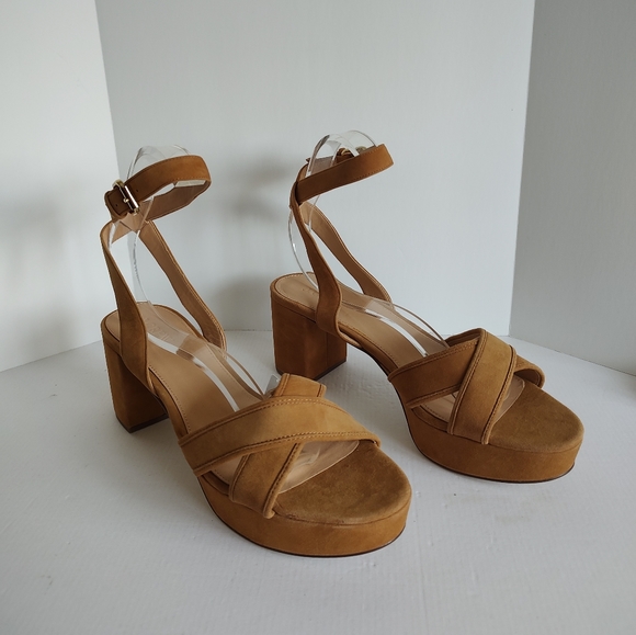 J. Crew Shoes - J Crew Faded Teak Suede Platform Cross-Strap 3" Block Heel J4389 Size 9.5